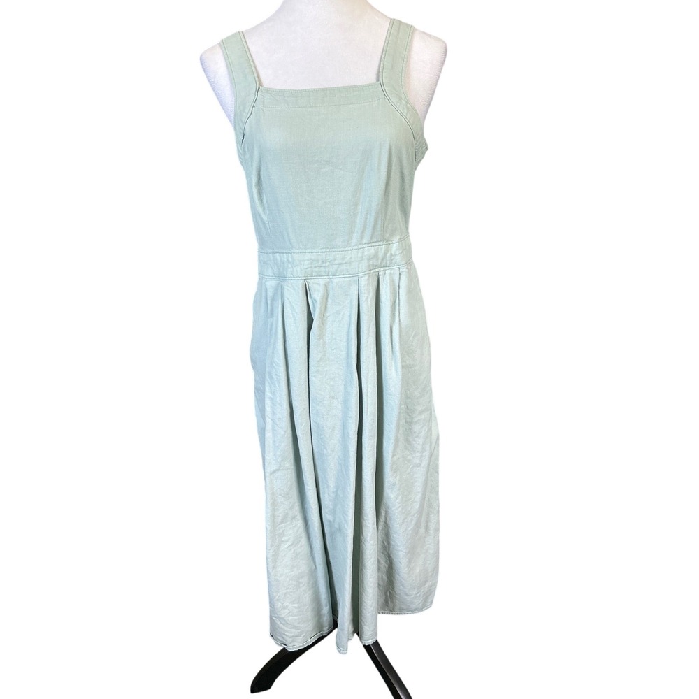 Universal Thread Midi Dress Women Sage Green Cotton Cottage Pleated Square Neck